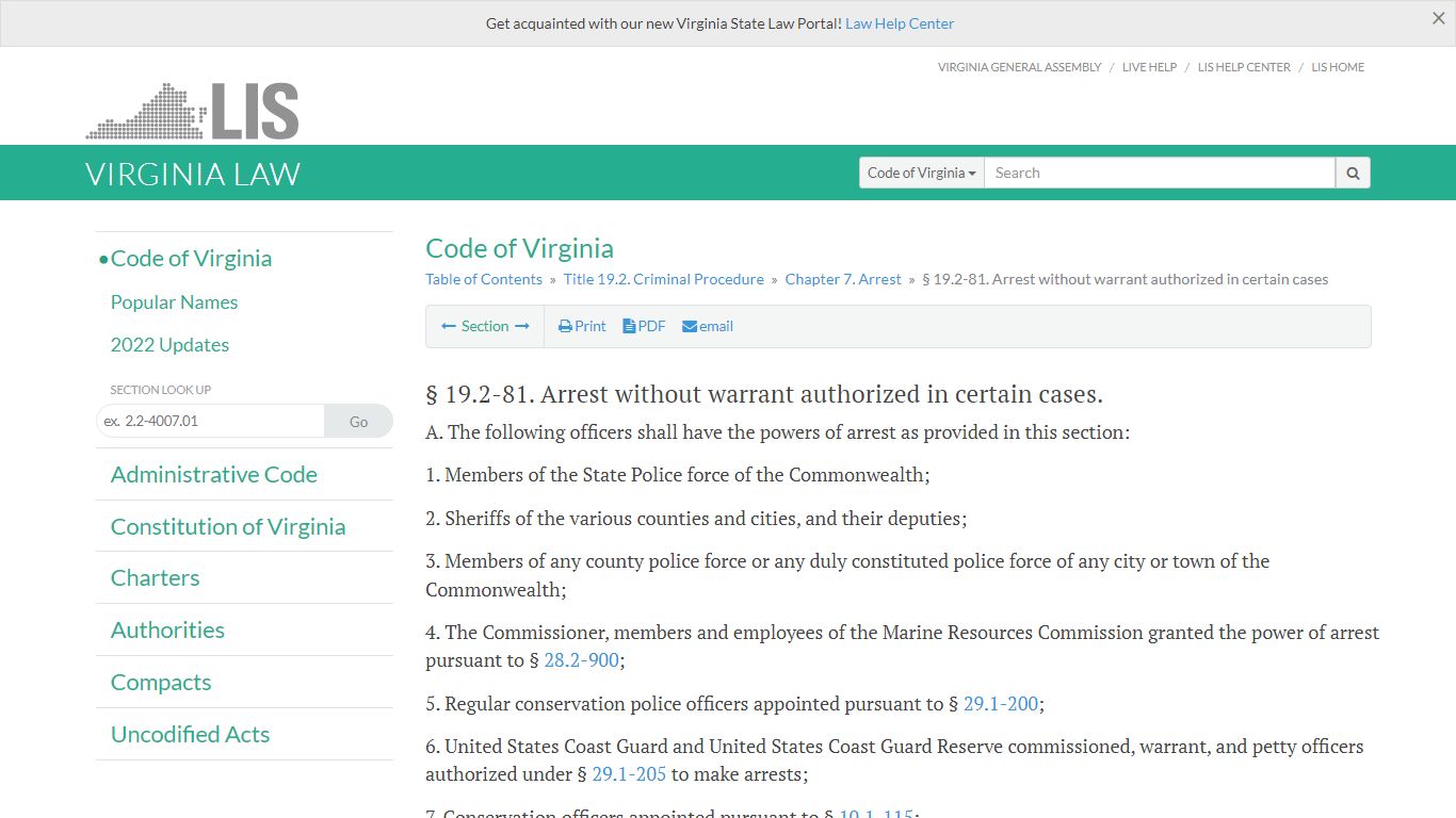 § 19.2-81. Arrest without warrant authorized in certain cases - Virginia